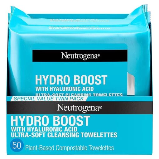 Neutrogena Hydro Boost Facial Cleansing Towelettes + Hyaluronic Acid, Hydrating Makeup Remover Face Wipes Remove Dirt & Waterproof Makeup, Hypoallergenic, 100 % Plant-Based Cloth, 2 x 25 ct