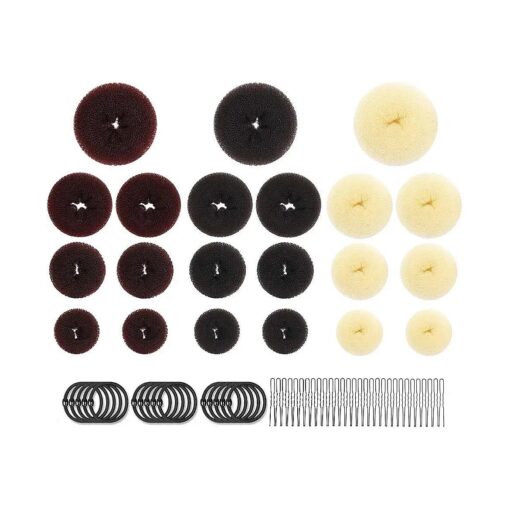 3 Hair Bun Maker Set, Donut Hair Bun Maker 21 Pieces with 15 Pcs Hair Elastic Bands, 30 Pcs Hair Pins Chignon Hair Styles Brown/Beige/Black ( 6 Small 6 Medium 6 Large 3 Extra-large )