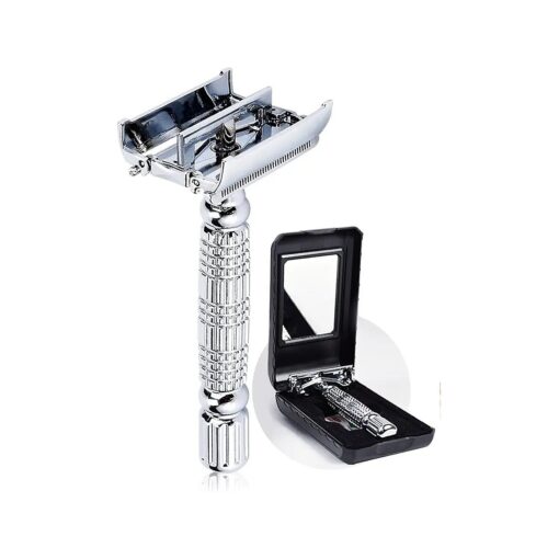 BAILI Butterfly Open TTO Double Edge Metal Safety Razor Wet Shaving Kit for Men Women with Platinum Blade and Mirrored Travel Case BD179