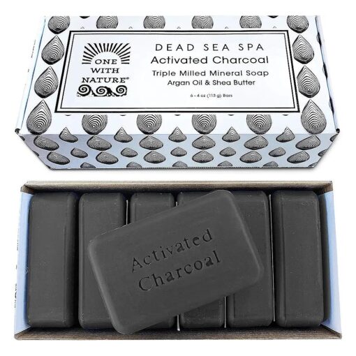 One With Nature 4Oz 6Pack Charcoal Soap Bar in Gift Box for Face, Body, Acne, All Skin Types - Contains Dead Sea Salt, Activated Charcoal, Shea Butter, Argan Oil and 21 Essential Minerals