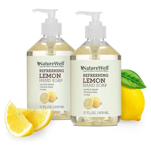 NATURE WELL Refreshing Lemon Liquid Hand Soap, 100 % Vegan, Made with Essential Oils, No Dyes, No Harsh Cleansers, Pack of 2 ( 17 Fl Oz each )