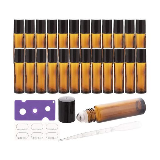 10ml Essential Oil Roller Bottles, 24 Pack Leak-proof Glass Roll on Bottles for Essential Oils, with Stainless Steel Roller Balls, 1 Extra Roller Ball, 24Labels, 1 Openers, 2 Droppers, Amber