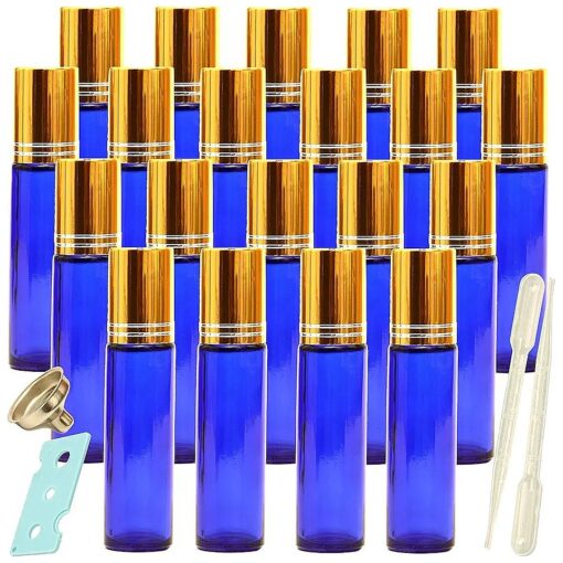 Youngever 20 Pack Essential Oil Roller Bottles with Stainless Steel Roller Balls, Opener, 2 Clear Transfer Pipettes, Stainless Steel Mini Funnels and Extra Roller Ball ( Blue )