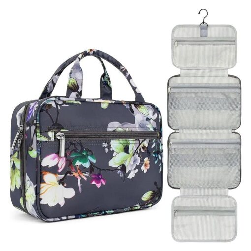 PAVILIA Hanging Toiletry Bag Travel Bag Women Men, Foldable Cosmetic Organizer, Roll up Makeup Bag, Water Resistant Accessories Toiletries, Large Travel Essentials Kit ( Grey Floral )