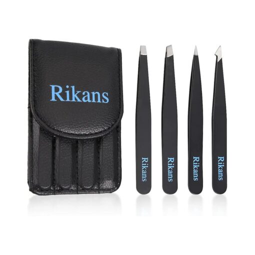 Precision Tweezers Set - Pack of 4 Black Professional Tweezers - Handy Carry Pouch - Superior Stainless Steel Tweezer Set - Splinters, Eyebrows, Facial or Ingrown Hair - Blackheads Remover