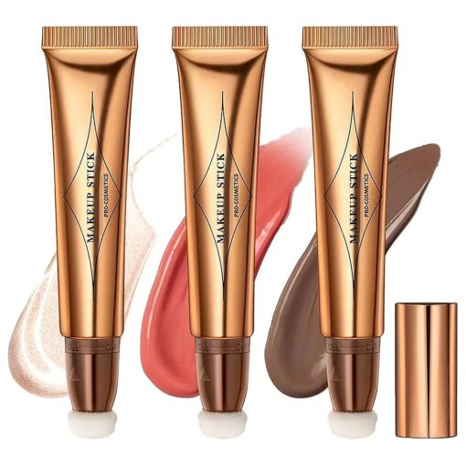 3pcs Contour Beauty Wand Blush Highlighter Contouring Stick Set With Cushion Applicator Liquid Cream Face Rouge Bronzer Luminizers Pen Trio Smooth Blendable Moisturizing Waterproof Makeup