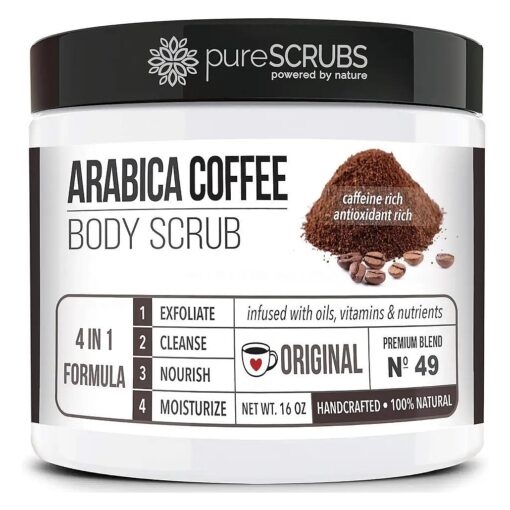 pureSCRUBS Premium Organic Arabica Coffee Body Scrub Set - ORIGINAL BLEND Large 16oz Anti Cellulite Scrub Essential Oils & Nutrients + FREE Wooden Spoon, Loofah & Mini Organic Exfoliating Bar Soap