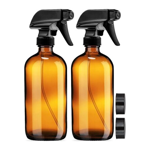 Empty Amber Glass Spray Bottles - 2 Pack - Each Large 16oz Refillable Bottle is Great for Essential Oils, Plants, Cleaning Solutions, Hair Mister - Durable Nozzle w/Fine Mist and Stream Setting