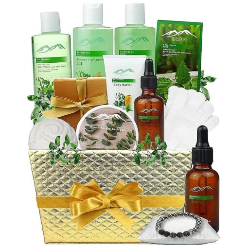 Bed Bath Body Gift Set Eucalyptus Mint Aromatherapy Spa Baskets for Men & Women, Bath & Body Spa Gift Baskets for Relaxation ! Best Dads Gift Baskets for Fathers, Husband, Friends !