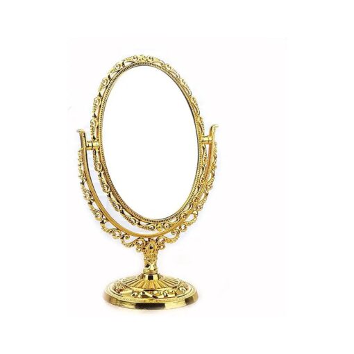 Guppy Desktop Antique Vintage European Style Two Sided Swivel Oval Tabletop Vanity Makeup Mirror with Embossed Hollow Flower Shiny Pedestal ( Gold )