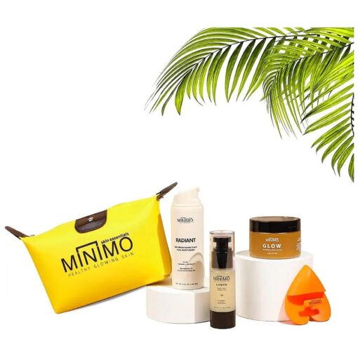 Minimo Skin Essentials Glow Starter Pack for Dull, Uneven Skin Tone Promotes a Glowing Complexion 3 Full Size Products, Applicator, & Makeup Bag Included