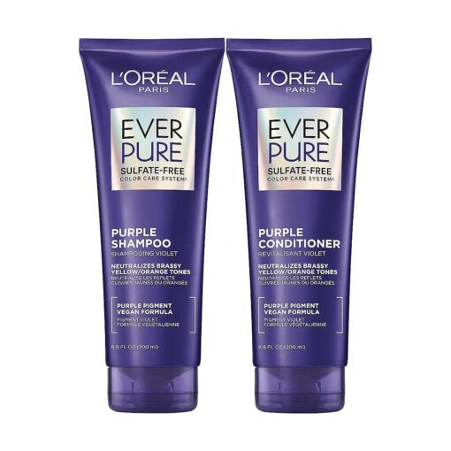 L'Oreal Paris EverPure Sulfate Free Brass Toning Purple Shampoo and Conditioner Set for Blonde, Bleached, Silver, or Brown Highlighted Hair, 1 Kit