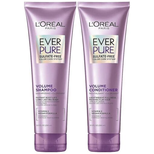 L'Oreal Paris Volume Sulfate Free Shampoo and Conditioner for Color-Treated Hair, EverPure, 8.5 Fl Oz ( Set of 2 )