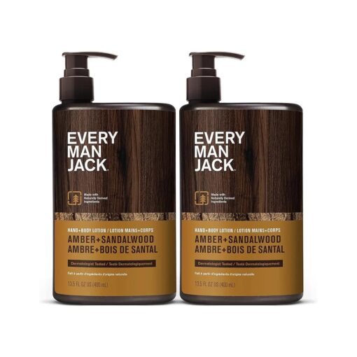 Every Man Jack Mens Amber + Sandalwood Hand & Body Lotion for All Skin Types - Dermatologist Tested & Hypoallergenic - Nourish Skin with Lightweight Fast Absorbing Lotion - 13.5oz 2 Bottles