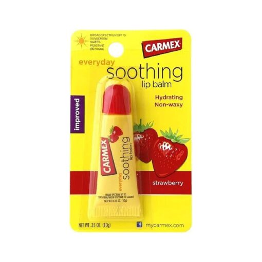 Carmex Strawberry Flavor Everyday Soothing Lip Balm SPF 15, Tube 0.35 oz ( Pack of 3 )