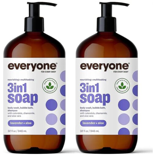 Everyone 3-in-1 Soap, Body Wash, Bubble Bath, Shampoo, 32 Ounce ( Pack of 2 ), Lavender and Aloe, Coconut Cleanser with Plant Extracts and Pure Essential Oils