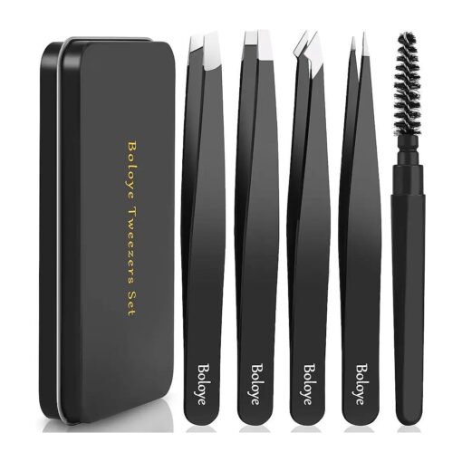 Tweezers Set, 4Pcs Eyebrow Tweezers and an Eyebrow Brush with an Metal Case, Professional Stainless Steel for Men & Women, Precision for Facial Hair, Splinter and Ingrown Hair Removal