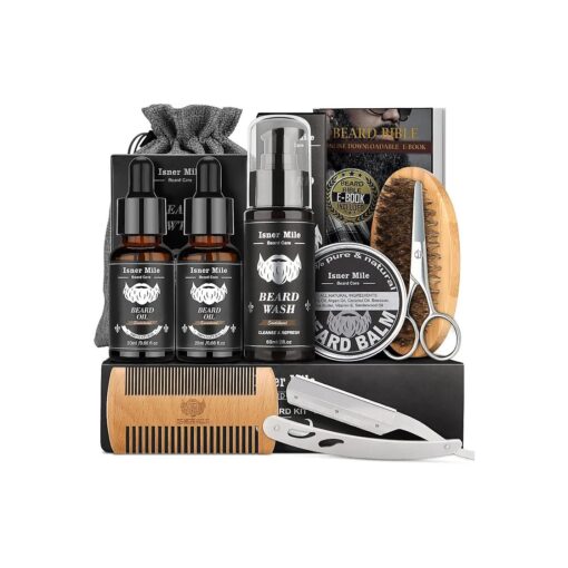 Isner Mile Beard Kit for Men, Grooming & Trimming Tool Complete Set with Shampoo Wash, Beard Care Oil, Balm, Brush, Comb, Scissors & Storage Bag, Birthday Gifts for Him Men Dad Father Boyfriend