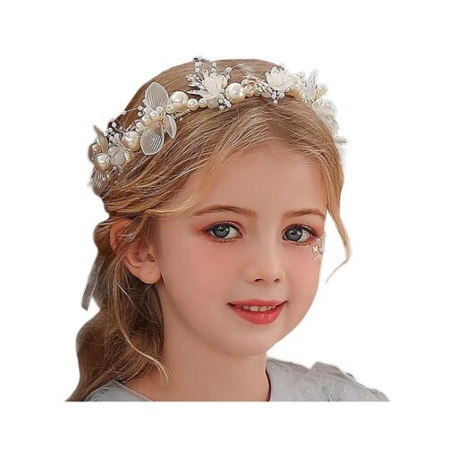 Campsis Princess Flower Crystal Headpiece Rhinestone Pearl Headband Alloy Floral Bridal Hair Accessories Communion Wedding Prom Photography for Girls and Women ( Gold )