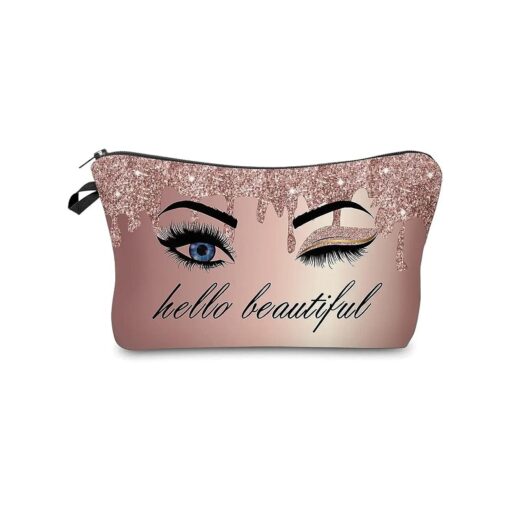 Hello Beautiful Makeup Bag for Purse Eyelash Pink Cosmetic Bags for Women Inspirational Gift Small Funny Cosmetics Glitters Eyeshadows Travel Bag Cases for Toiletries Accessories Organizer