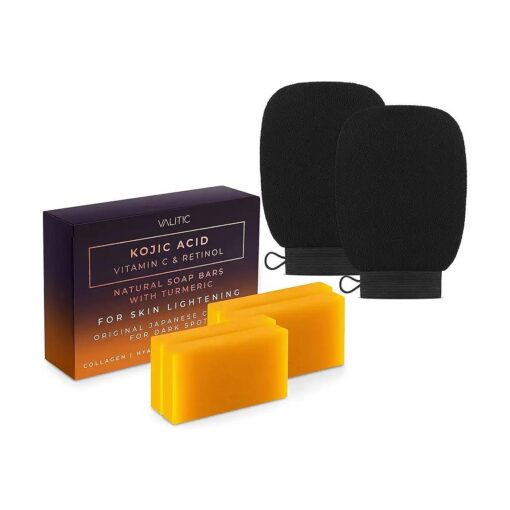 4 Pack Kojic Acid Vitamin C & Retinol Soap Bars for Dark Spot & A Pair of Black Exfoliating Gloves for Body Scrubs