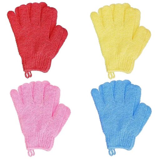 4 Pairs Bath Exfoliating Gloves Scrub, Double Sided Bath Mitts Scrubs for Shower, Exfoliating Shower Mitt Body Scrubber Glove, Bathing Accessories for Bath, Spa, Massage ( Yellow, Red, Pink, Light Blue )