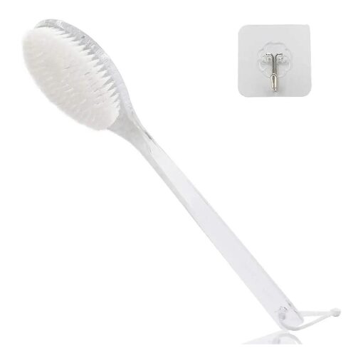 Body Brush Dry Brushing Back Scrubber with Curved Plastic Long Handle Clear Bath Shower Brush Dry Skin Exfoliating Cellulite Brush for Men and Women ( Transparent Handle )