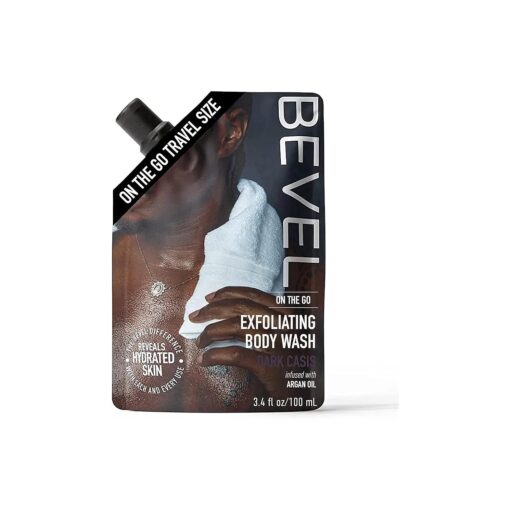 Bevel Exfoliating Body Wash for Men, Dark Cassis Scent with Charcoal and Moisturizing Argan Oil, On-The-Go Pouch, Travel Essentials, TSA Friendly, 3.4oz