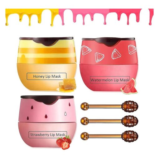 Bee Lip Balm Honey Pot,3 PCS Strawberry & Honey & Watermelon Lip Sleeping Mask, Hydrating Prevention Dry and Cracked Lip Scrubs Exfoliator Lip Care, Moisturizing Lip Mask Overnight Reduces Lip Lines