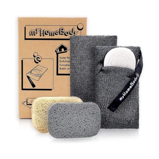 myHomeBody Soap Pocket Exfoliating Soap Saver Pouch | Body Scrubber Sponge, Exfoliator for Bath or Shower | for Large Bar Soap or Leftover Bits | Graphite Gray, 2 Pack + 2 Soap Lifting Pads