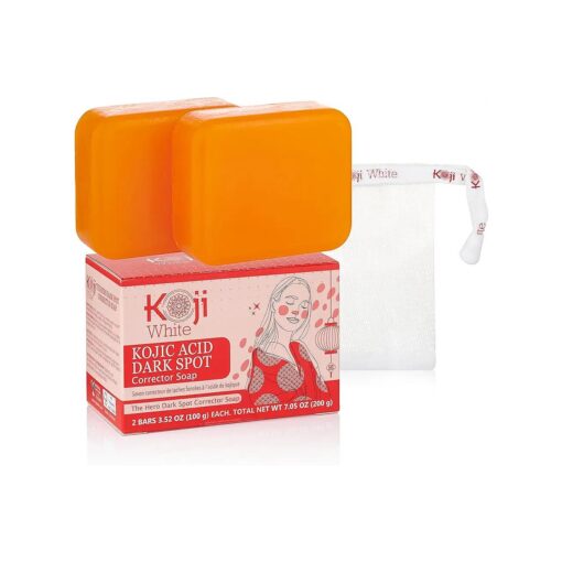 Koji White 4 % Kojic Acid Dark Spot Corrector Soap For Exfoliating & Moisturizes with Vitamin C, Licorice Root Extract, Hydrating & Even Skin Tone Cleansing Bar for Face & Body, Vegan, 3.52 Oz ( 2 Bars )