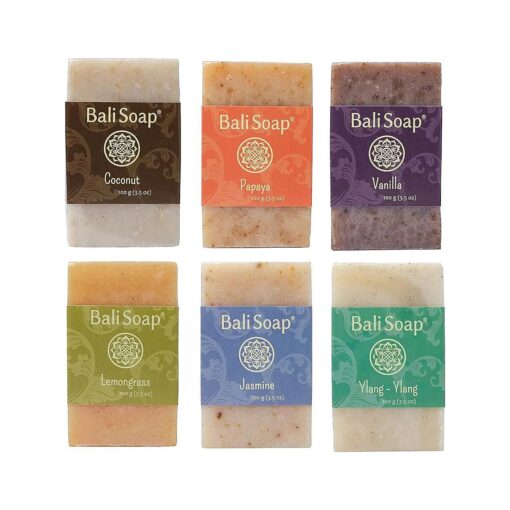 Bali Soap - Green Collection - Natural Soap Bar Gift Set, Face Soap or Body Soap, 6 pc Variety Soap Pack ( Coconut, Papaya, Vanilla, Lemongrass, Jasmine, Ylang-Ylang ) 3.5 Oz each