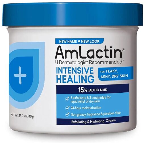 AmLactin Intensive Healing Body Cream - 12 oz Tub - 2-in-1 Exfoliator and Moisturizer for Dry Skin with 15 % Lactic Acid and Ceramides for 24-Hour Moisturization