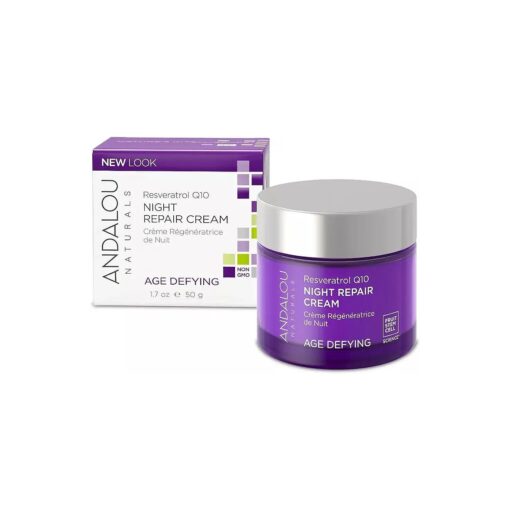 Andalou Naturals Resveratrol Q10 Night Repair Cream, For Dry Skin, Fine Lines & Wrinkles, For Softer, Smoother, Younger Looking Skin, 1.7 Ounce