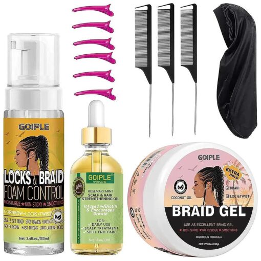 Extra Hold Braid Gel Braid Mousse Tames Frizz Smoothing Gel Good for Twist, Locs, Braids, Cornrows Edge Control, Extra Hold Braiding Gel & Rosemary Hair Growth Oil ( Hair Combs Hair Bonnet Hair Clips )