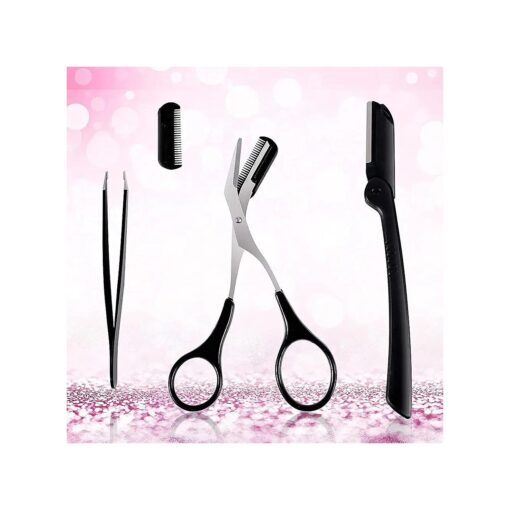 XUJINCN3-in-1 Eyebrow Scissors Kit, Eye Brow Cutter for Women, Eyebrow Grooming kit Specially Designed for Women, Include ; Eyebrow Scissors with Comb, Hair Removal Tweezers, Facial Eyebrow Razor ( Black )