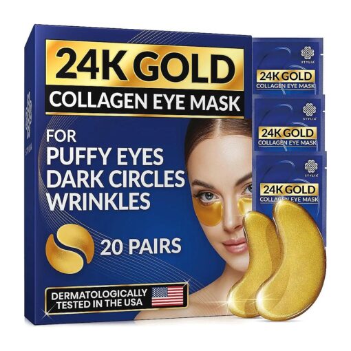 Stylia Under Eye Patches for Dark Circles and Puffy Eyes ( 20 Pairs ) - 24k Gold Eye Mask for Cosmetic Improvement & Instant Hydration - Collagen Gel Pads for Temporary Relief of Puffiness - Refreshes