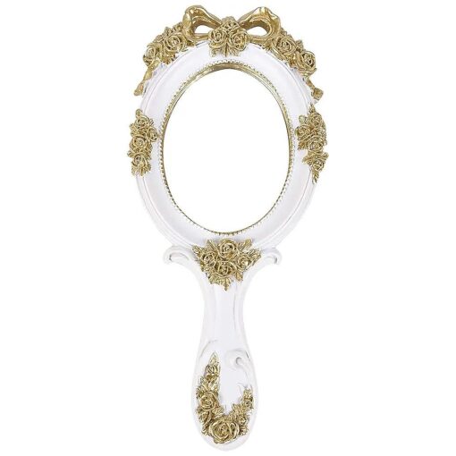 Handheld Mirror Vanity Makeup Mirror Travel Princess Metal Cosmetic Mirror Portable Oval Embossed Rose Mirrors Decorative Desk Girl Student Vintage Beautiful Handle Mirrors White-4