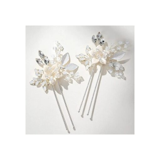 SWEETV 2Pcs Handmade Wedding Hair Pins, Flower Bridal Hair Pin-Beaded Wedding Hair Accessories for Brides, Silver