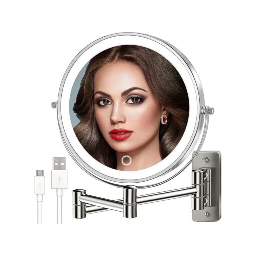 VESAUR 9" Rechargeable Wall Mounted Makeup Mirror, 1X/10X Double Sided Magnifying Vanity Mirror with 3 Colors, Adjustable Brightness, 17" Extendable 360deg Rotation Bathroom Mirror, Senior Pearl Nickel