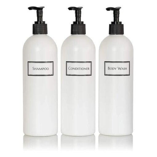 Silkscreened Empty Shower Bottle Set for Shampoo, Conditioner, and Body Wash, Cosmo/Bullet 16 oz 3-pack, White ( Black Pumps )