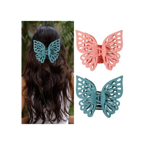 Extra large 5.51 Inch Butterfly Hair Clips 2 PCSButterfly Clips for Thick Thin Hair Non Slip Cute Matte Hair Claw Clip for Thin Hair Curly, Butterfly Claw Clips for Women hair ( Lake Blue, Pink