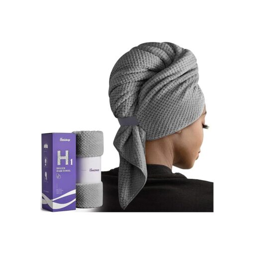 Extra Large Microfiber Hair Towel for Women Long, Curly, Thick Hair, Super Soft Anti Frizz Quick Dry Hair Towel Wrap, Ultra Absorbent Hair Turban with Elastic Band Grey