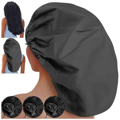 3 Pcs Super Jumbo Adjustable Satin Lined Shower Caps for Long Hair & Braids, Extra Large Shower Cap for Women & Men, Reusable XL with Waterproof Edge for Dreadlocks, Locs ( Black )