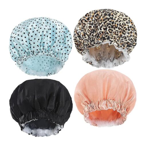 4 Pack Reusable Waterproof Shower Caps for Women with Toiletry Bag - Extra Large Hair Shower Cap Set for Long Hair, Hair Protection Bath Hat