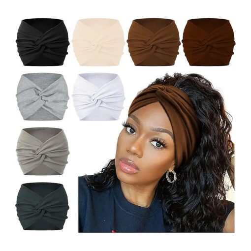 AKTVSHOW 7" Wide Headbands for Women, Extra Large Turban Workout Headband Fashion Yoga Hair Bands Boho Twisted Thick Hair Accessories, 8Pack