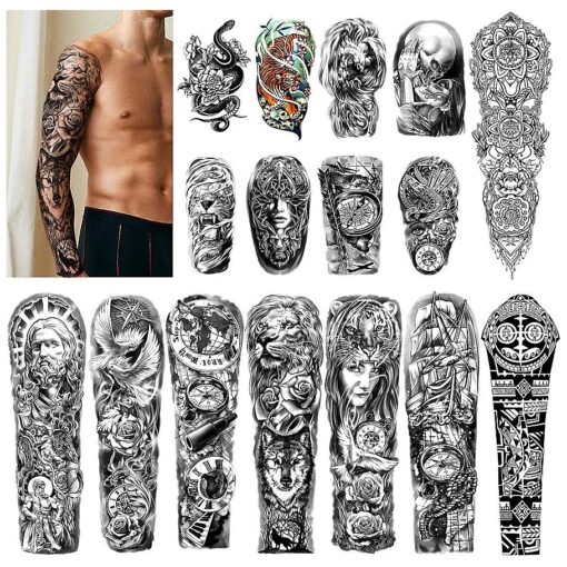 Waterproof Full Arm Temporary Tattoos 8 Sheets and Half Arm Shoulder Tattoo 8 Sheets, Extra Large LastingTattoo Stickers for Men and Women ( 22.83" X7.1" )