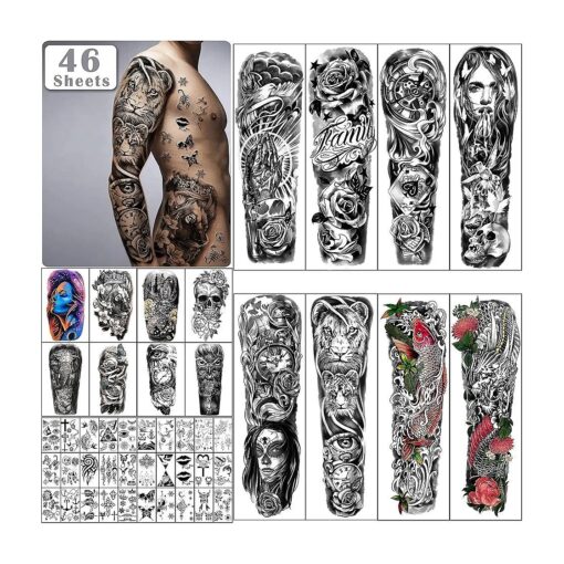 Extra Large Full Arm Waterproof Temporary Tattoos 8 Sheets and Half Arm Shoulder Tattoo 8 Sheets, Tiny 30sheets Lasting Tattoo Stickers for Girls Adult Women or Men ( Total 46 sheets )