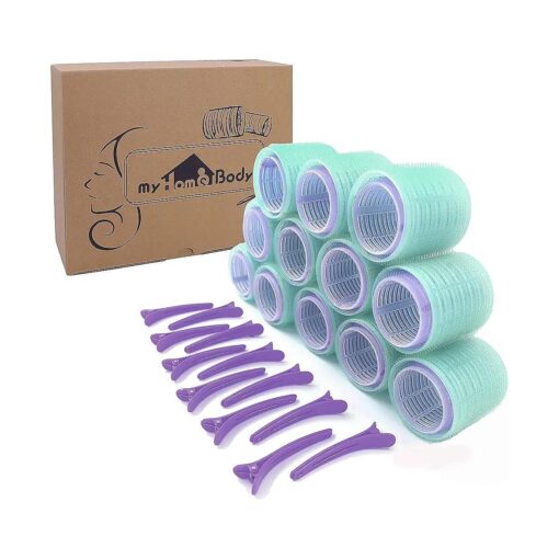 Self Grip Hair Rollers, Extra Large and Jumbo Hair Curlers with Clips | Hair Rollers for Long Hair | 36 pcs Set Includes 24 Rollers & 12 Duckbill Hair Clips - Violet & Mint