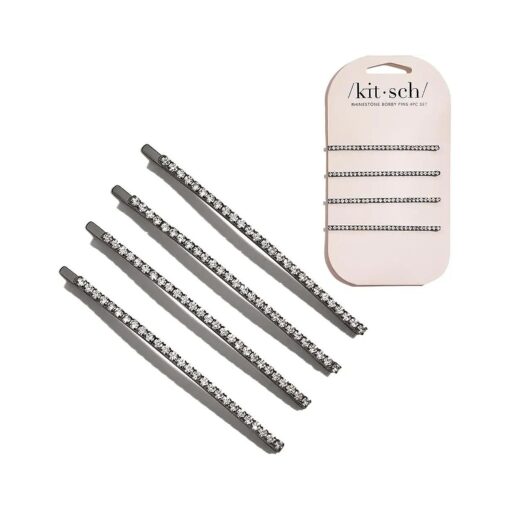 Kitsch Extra Long Rhinestone Bobby Pins - Stylish Hair Pins for Women | Small Crystal Bobby Pins for Thin Hair, Perfect for Styling and Sectioning, Also Ideal for Thick Hair - Set of 4, Hematite